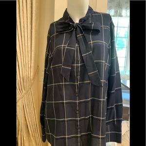 Banana Republic Navy Watch Plaid Button Down Long Sleeve Blouse w Bow